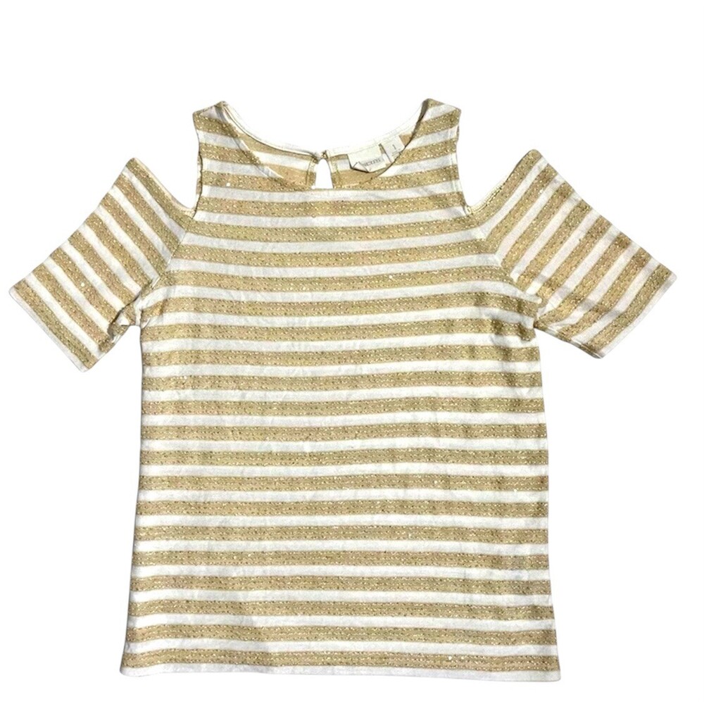 Chicos Top Womens Striped Sequin Cold Shoulder Embellished Knit Blouse Size 1